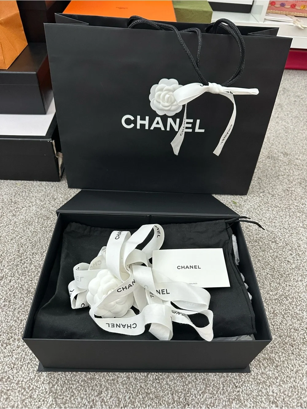 Chanel White Camellia Ribbon Gift Set for small to medium bag